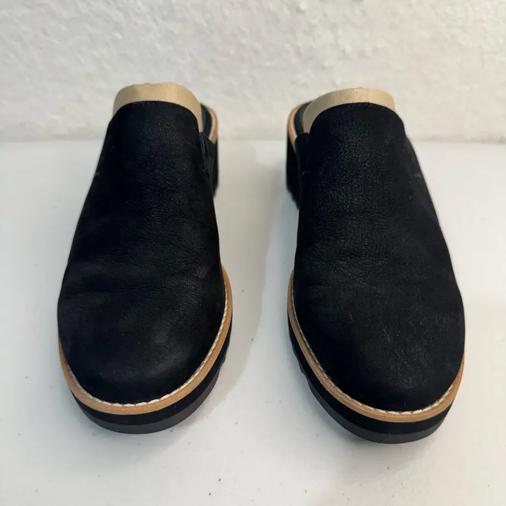 Eileen Fisher Loti Black Tumbled Nubuck Leather Slip-On Wedge Mule Clog Shoe 7.5